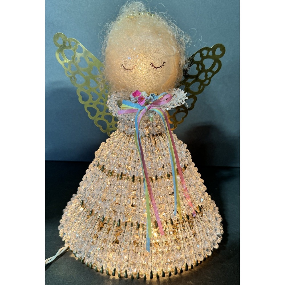 Vintage Handmade Safety Pin Angel Tree Topper Lighted Beaded Christmas Decor 11"